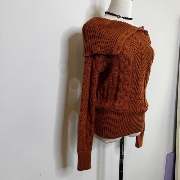 Vintage Y2K Rust Chunky Cable Knit Sweater Off The Shoulder Bardot Prep Cute S - Picture 3 of 7